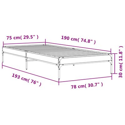 vidaXL voodiraam, suitsutatud tamm, 75 x 190 cm, tehispuit ja metall