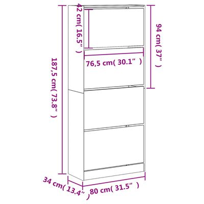 vidaXL jalanõudekapp, 4 klappuksega, suitsutamm, 80 x 34 x 187,5 cm