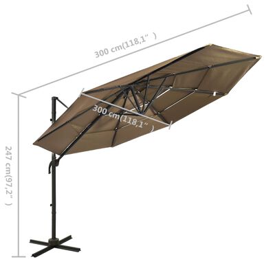 vidaXL 4-realine päikesevari alumiiniumpostiga, pruunikashall, 3 x 3 m