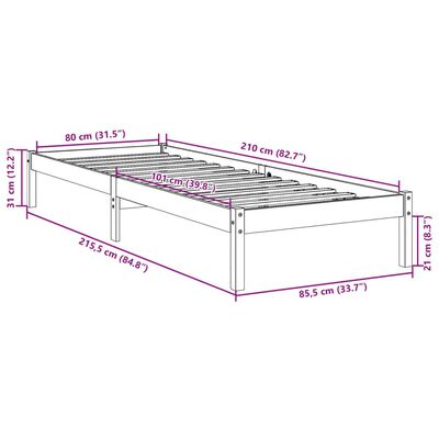 vidaXL voodiraam ilma madratsita, 80 x 210 cm, männipuit