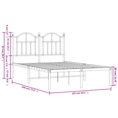 vidaXL metallist voodiraam peatsiga, valge, 120x190 cm