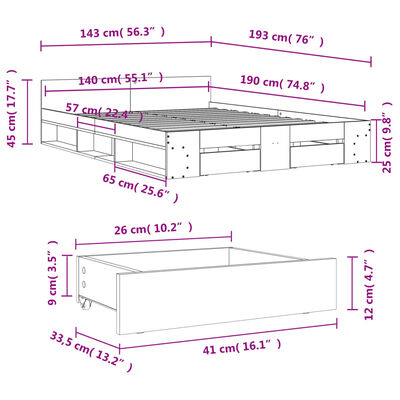 vidaXL voodiraam sahtlitega, Sonoma tamm, 140x190 cm, tehispuit