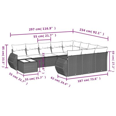 vidaXL 11-osaline aiadiivani komplekt patjadega, must, polürotang