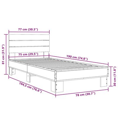 vidaXL voodiraam, pruun tamm, 75 x 190 cm, tehispuit ja metall