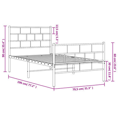 vidaXL metallist voodiraam peatsi ja jalutsiga, valge, 75x190 cm