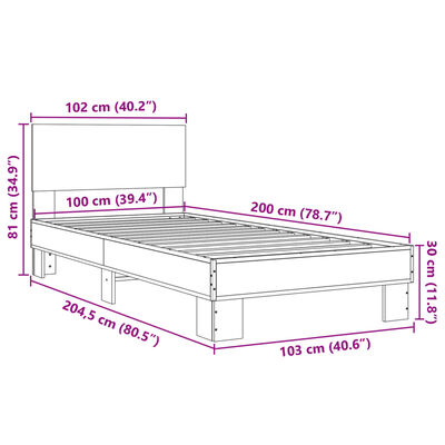 vidaXL voodiraam, suitsutatud tamm, 100 x 200 cm, tehispuit ja metall