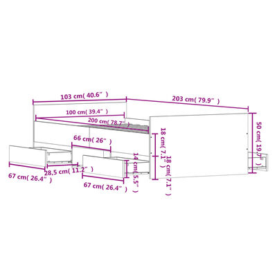 vidaXL peatsi ja jalutsiga voodiraam, Sonoma tamm, 100 x 200 cm