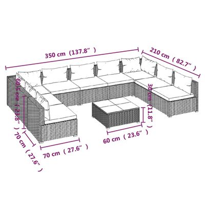 vidaXL 10-osaline aiamööblikomplekt patjadega, polürotang, must