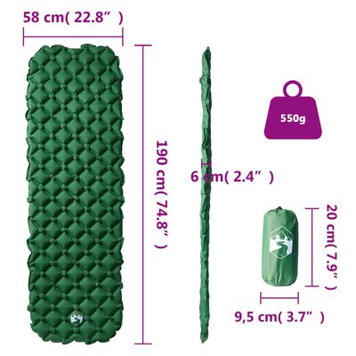 vidaXL täispumbatav matkamadrats, 1 inimesele, roheline, 190x58x6 cm