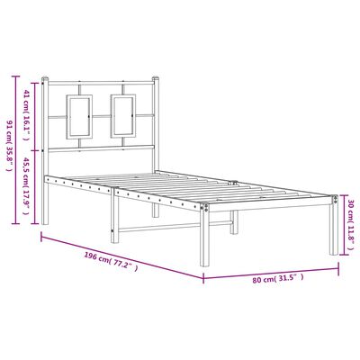 vidaXL metallist voodiraam peatsiga, ilma madratsita, valge, 75x190 cm