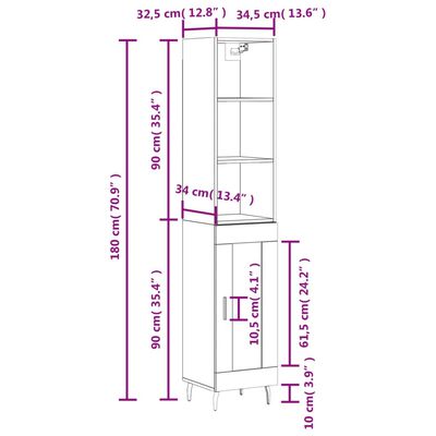 vidaXL kõrge kapp, hall Sonoma tamm, 34,5x34x180 cm, tehispuit