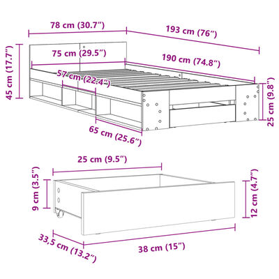 vidaXL voodiraam sahtlitega, Sonoma tamm, 75x190 cm, tehispuit