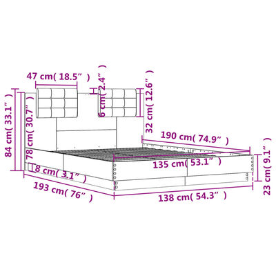 vidaXL voodiraam peatsiga, hall Sonoma tamm, 135 x 190 cm, tehispuit