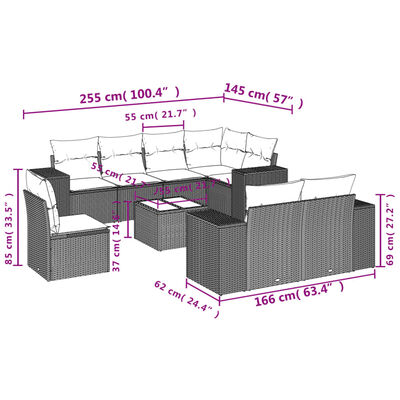 vidaXL 9-osaline aiadiivani komplekt patjadega, hall, polürotang