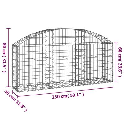 vidaXL kaarekujuline gabioonkorv, 150x30x60/80 cm, tsingitud raud