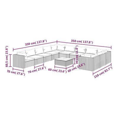 vidaXL 12-osaline aiamööblikomplekt patjadega, polürotang, must