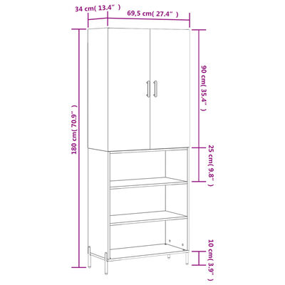 vidaXL kõrge kapp, hall Sonoma tamm, 69,5 x 34 x 180 cm, tehispuit