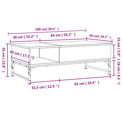 vidaXL kohvilaud, suitsutamm, 100 x 50 x 35 cm, tehispuit ja metall