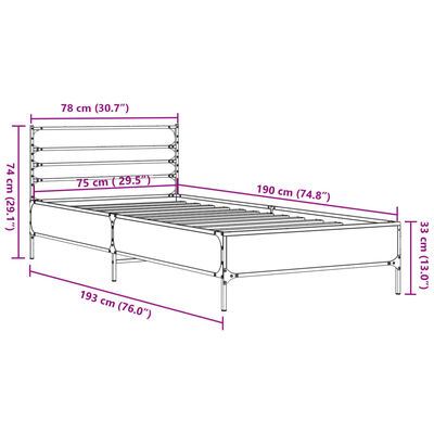 vidaXL voodiraam, pruun tamm, 75 x 190 cm, tehispuit ja metall