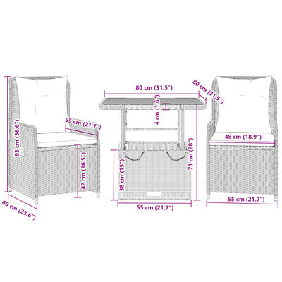 vidaXL 3-osaline bistrookomplekt istmepatjadega, hall, polürotang