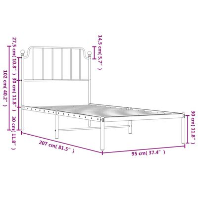 vidaXL metallist voodiraam peatsiga, valge, 90 x 200 cm