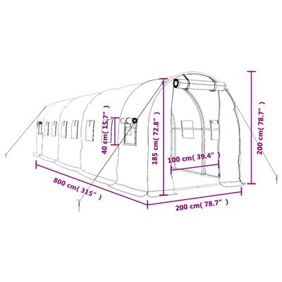 vidaXL kasvuhoone terasraamiga, valge, 16 m², 8x2x2 m