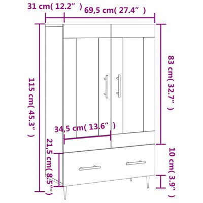 vidaXL kõrge kapp, Sonoma tamm, 69,5 x 31 x 115 cm, tehispuit