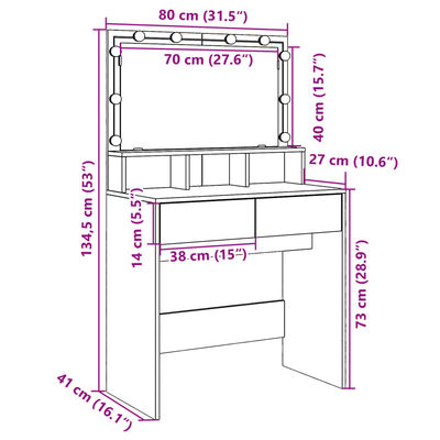 vidaXL tualettlaud LEDiga, suitsutatud tamm, 80x41x134,5 cm