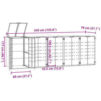 vidaXL ratastega prügikasti kuur 3 prügikastile, 345x79x117 cm, teras