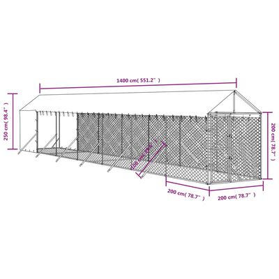 vidaXL katusega koeraaedik, hõbedane, 2x14x2,5 m, tsingitud teras