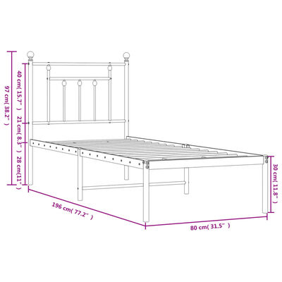 vidaXL metallist voodiraam peatsiga, ilma madratsita, valge, 75x190 cm