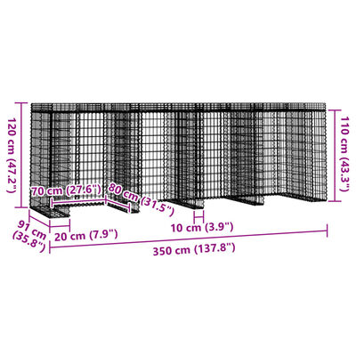 vidaXL gabioonsein prügikastile, 350 x 91 x 120 cm, tsingitud raud