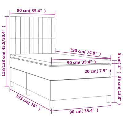 vidaXL kontinentaalvoodi madrats, LED, tumeroheline, 90x190 cm, samet