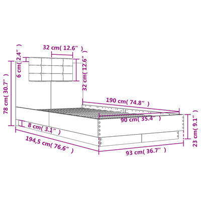 vidaXL voodiraam peatsiga, suitsutatud tamm, 90 x 190 cm, tehispuit