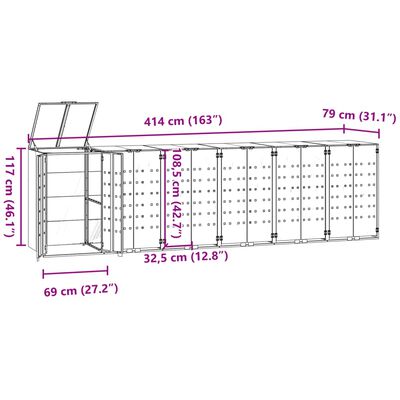 vidaXL ratastega prügikasti kuur 6 prügikastile, 414x79x117 cm, teras