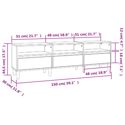 vidaXL telerikapp, valge, 150 x 30 x 44,5 cm, tehispuit