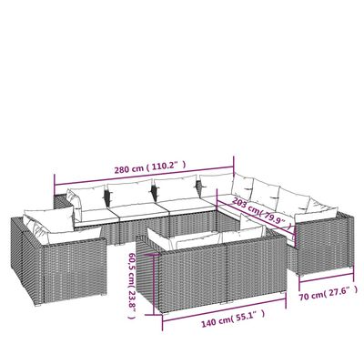 vidaXL 11-osaline aiamööblikomplekt patjadega, polürotang, hall