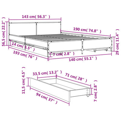 vidaXL voodiraam sahtlitega, must, 140x190 cm, tehispuit