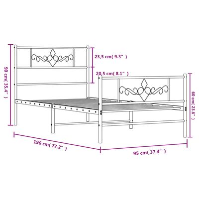 vidaXL metallist voodiraam peatsi ja jalutsiga, valge, 90 x 190 cm