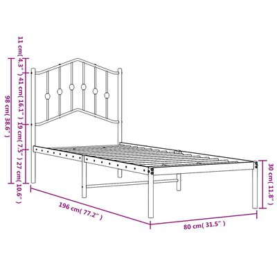 vidaXL metallist voodiraam peatsiga, must, 75x190 cm