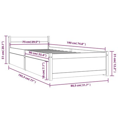 vidaXL voodiraam sahtlitega, valge, 75 x 190 cm