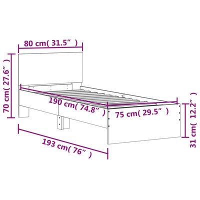 vidaXL voodiraam peatsi ja LED-tuledega, pruun tamm, 75x190 cm