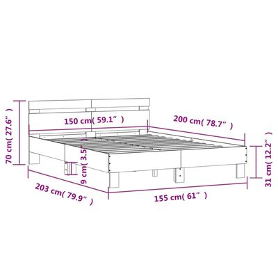 vidaXL voodiraam peatsiga, betoonhall, 150x200 cm, tehispuit