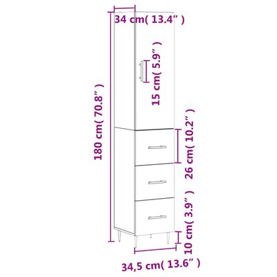 vidaXL kõrge kapp, hall Sonoma tamm, 34,5x34x180 cm, tehispuit