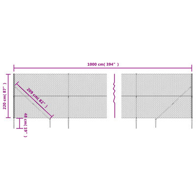 vidaXL võrkaed vaiadega, hõbedane, 2,2 x 10 m