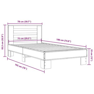 vidaXL voodiraam, pruun tamm, 75 x 190 cm, tehispuit ja metall