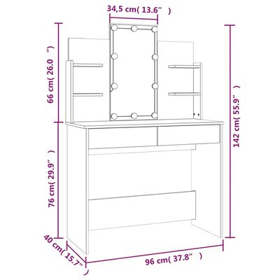 vidaXL tualettlaud LEDiga, must, 96 x 40 x 142 cm