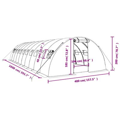 vidaXL kasvuhoone terasraamiga, valge, 40 m², 10x4x2 m