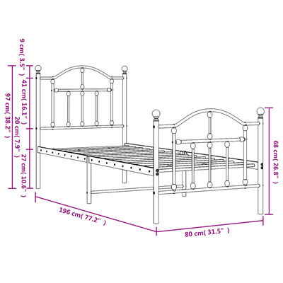 vidaXL metallist voodiraam peatsi ja jalutsiga, must, 75 x 190 cm