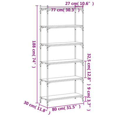 vidaXL raamaturiiul 6 korrust, suitsutamm, 80x30x188 cm, tehispuit